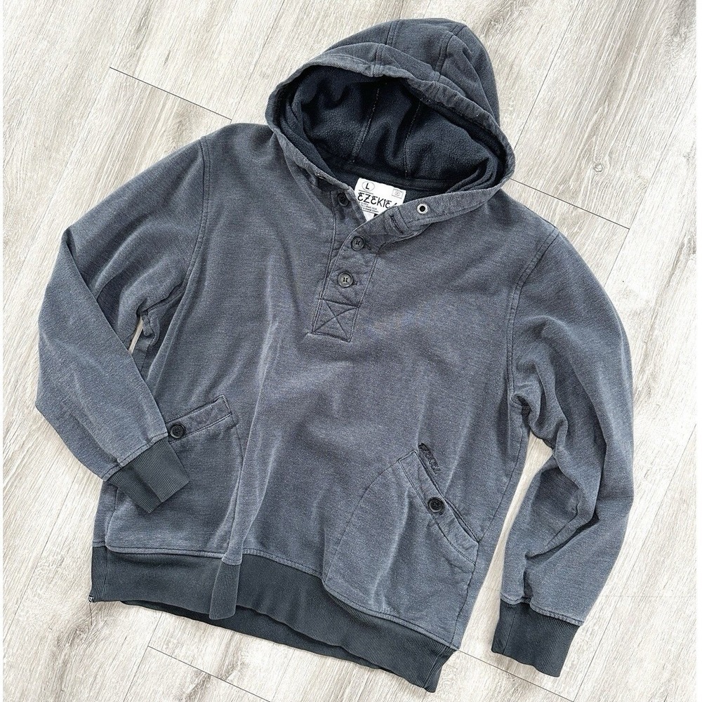 Ezekiel Hoodie Mens L Charcoal Gray Faded Acid Wash Pique Knit Button Henley Y2K